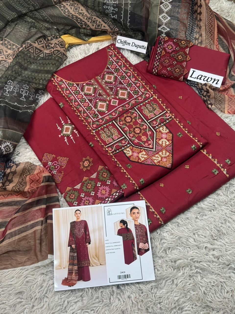 Sapphire Unstitch LAWN 3pc Heavy Embroidered