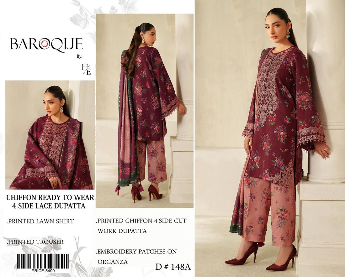 BRQ -LAWN Digital Print 3pc -CHIFFON DUPATTA Patches
