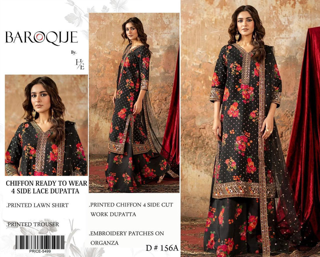 BRQ -LAWN Digital Print 3pc -CHIFFON DUPATTA Patches