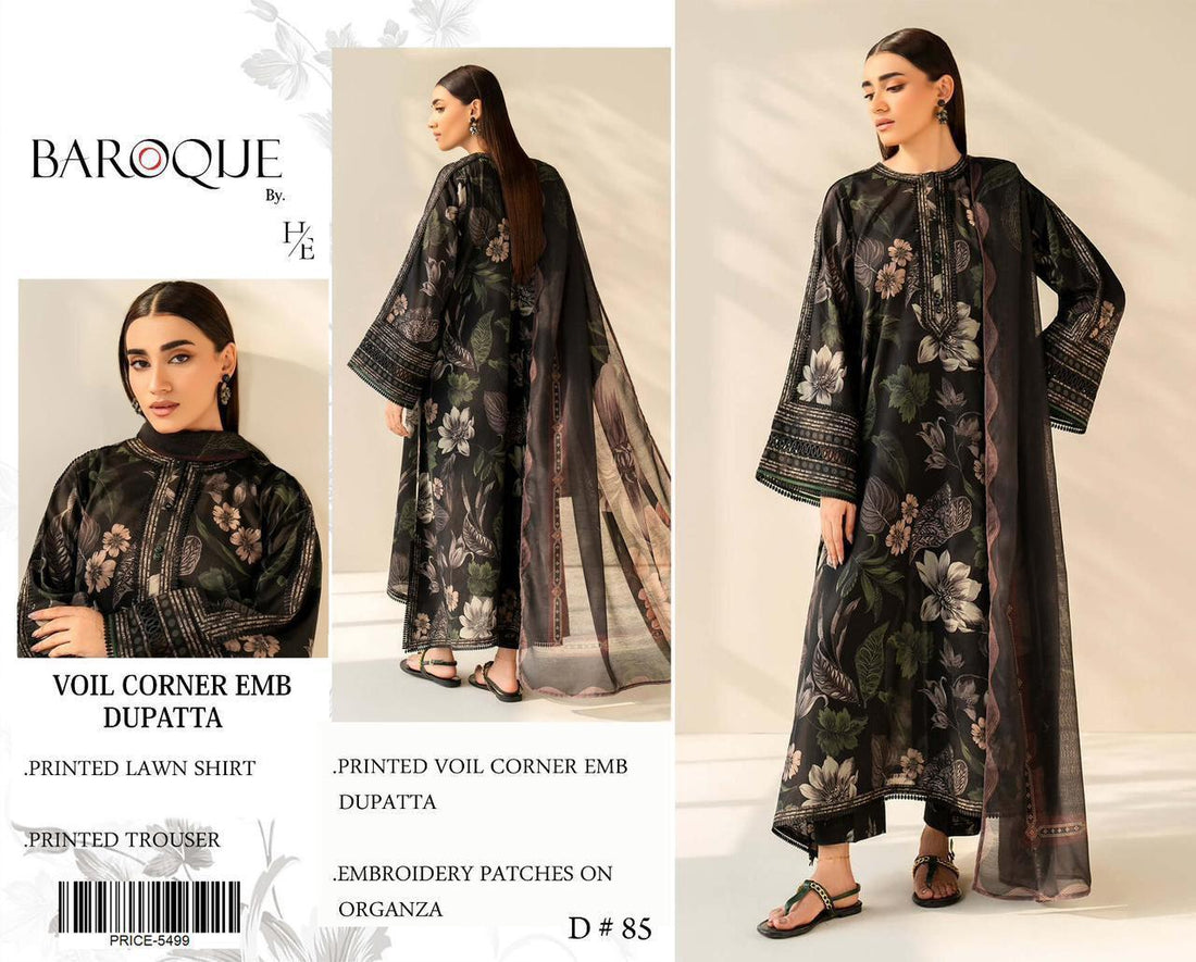 BRQ -LAWN Digital Print 3pc -Voil 4 Side Embroidered Dupatta.